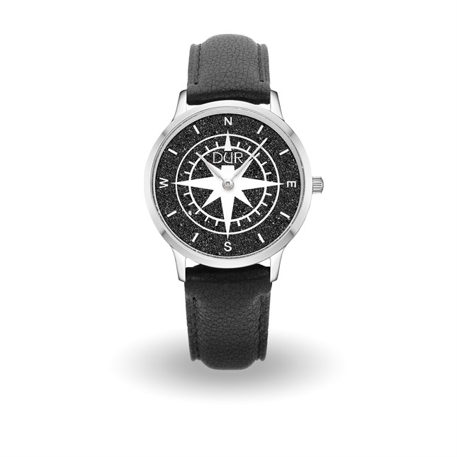 DUR Uhr 40er "Kompass" Lavasand, Lederband schwarz