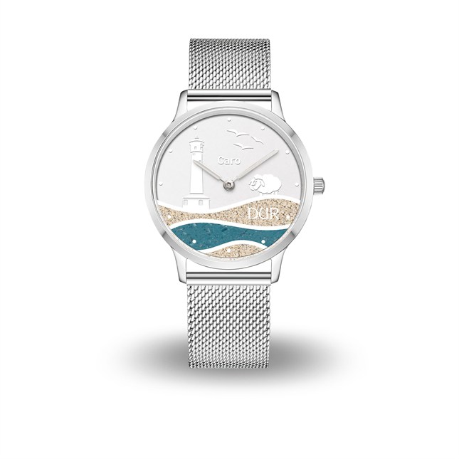 DUR Uhr 40er "Carolinensiel" Strandsand/blauer Steinsand, Mesh Band Edelstahl