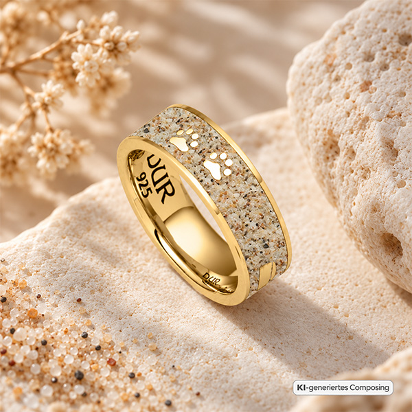 Vergoldeter Lucky Dog Ring mit Strandsand Pfoten Knochen und Futternapf