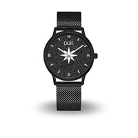 DUR Uhr 40er "Kompass 2" Lavasand, PVD beschichtet, Mesh Band Edelstahl, schwarz
