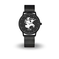 DUR Uhr 40er "Rügen" Lavasand, PVD beschichtet, Mesh Band schwarz Edelstahl
