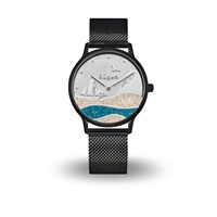 DUR Uhr 40er "Göhren" Strandsand/blauer Steinsand, Mesh Band Edelstahl, schwarz