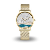 DUR Uhr 36er "Göhren" Strandsand/blauer Steinsand, goldfarbendes Mesh Band Edelstahl