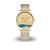DUR Uhr 36er "Göhren 2.0" Strandsand/blauer Steinsand, goldfarbendes Mesh Band Edelstahl
