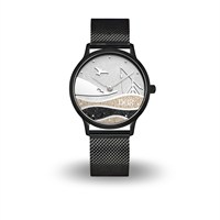 DUR Uhr 36er "Skagen" Strandsand/blauer Steinsand, PVD beschichtet, schwarzes Mesh Band Edelstahl